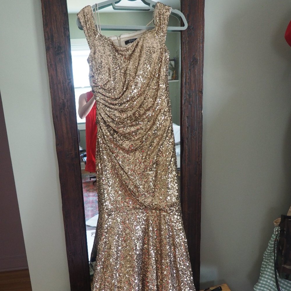Badgley Mischka Gold Sequin Off the Shoulder Gown